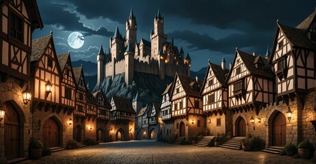 medieval gothic castle palace in city town at night under clouds and moon. old ancient cityscape.
