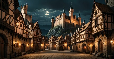 Fototapeta premium medieval gothic castle palace in city town at night under clouds and moon. old ancient cityscape.
