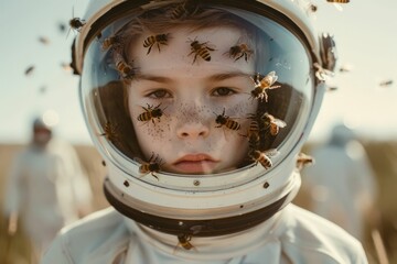 Exploring the unknown young boy in astronaut helmet surrounded by bees in a medical experiment gone wrong