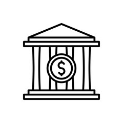 bank icon is black in a simple line style suitable for symbols and more