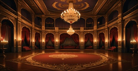 Obraz premium ballroom palace castle room interior. empty with light fixtures with chandelier and reflections in floor.