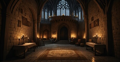 gothic castle palace building interior. goth cathedral rose art Nuevo deco window architecture with arches and torch light.