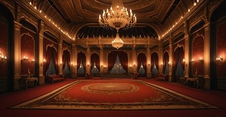 Obraz premium ballroom palace castle room interior. empty with light fixtures with chandelier and reflections in floor.
