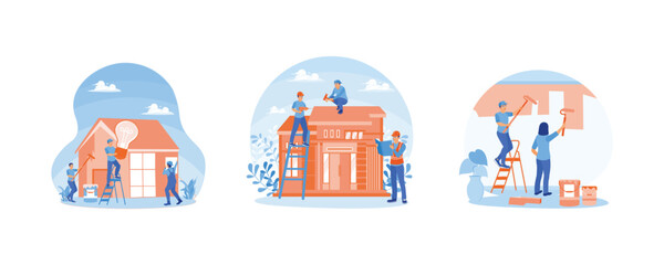 Electrical installation, painting, home finishing work. Foreman and workers repair the roof of a house. Home renovation concept. Set flat vector illustration.