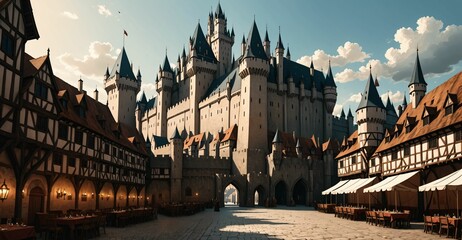 Fototapeta premium medieval gothic castle palace in city town under clouds. old ancient cityscape.