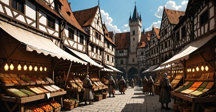 medieval market shopping district outdoors. blacksmith forge master. vendor stalls with produce and products. building exterior castle palace.