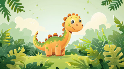 Colorful illustration of a happy cartoon dinosaur standing among vibrant tropical foliage.