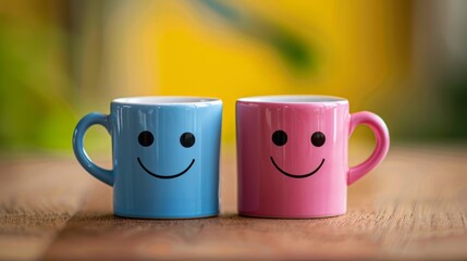 Two couple Cups with smiley faces on a desk. International Friendship Day Concept.