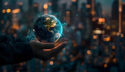 Fototapeta premium Businessman holding glowing hologram earth in his hands over dark background with city lights