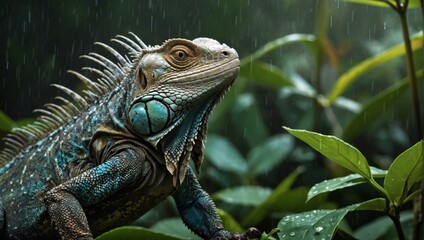 Obraz premium Majestic Iguana in a Rainforest Habitat: Nature's Exotic Beauty