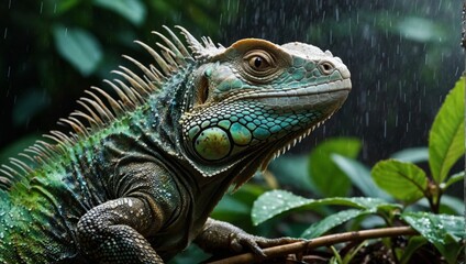 Obraz premium Majestic Iguana in a Rainforest Habitat: Nature's Exotic Beauty