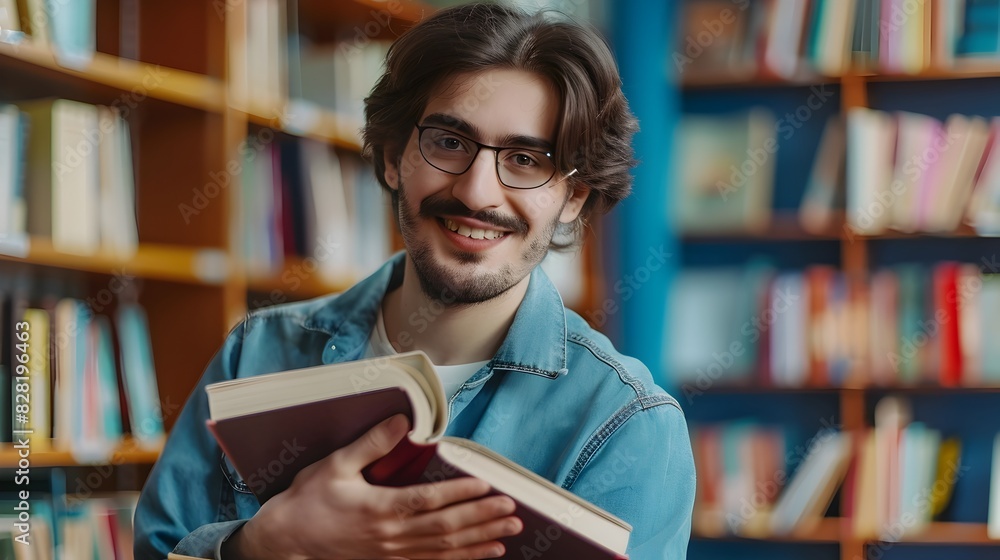 Poster enthusiastic library assistant a vision of joy and knowledge in a colorful workspace