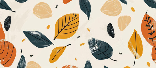 Abstract leaf pattern, vector illustration in flat style and hand drawn elements in warm earth colors on a white background