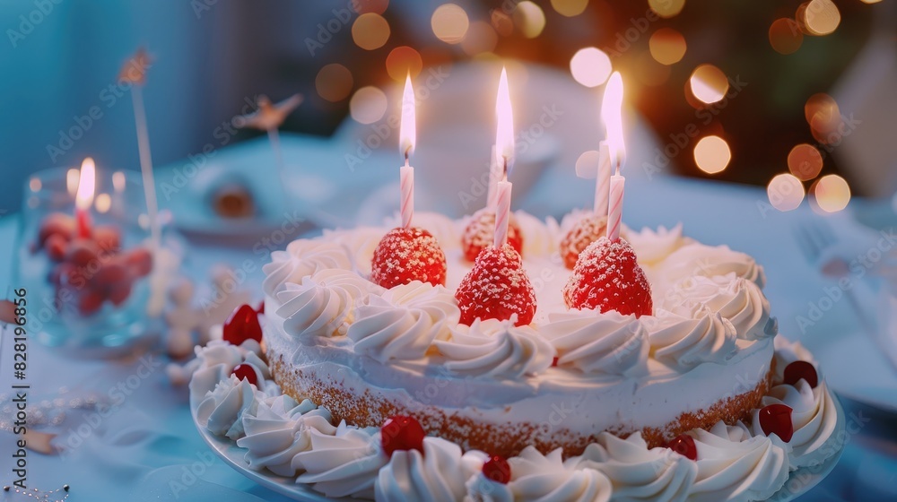 Poster close up of a tasty cake with lit candles and joyful decorations on a soft blue backdrop