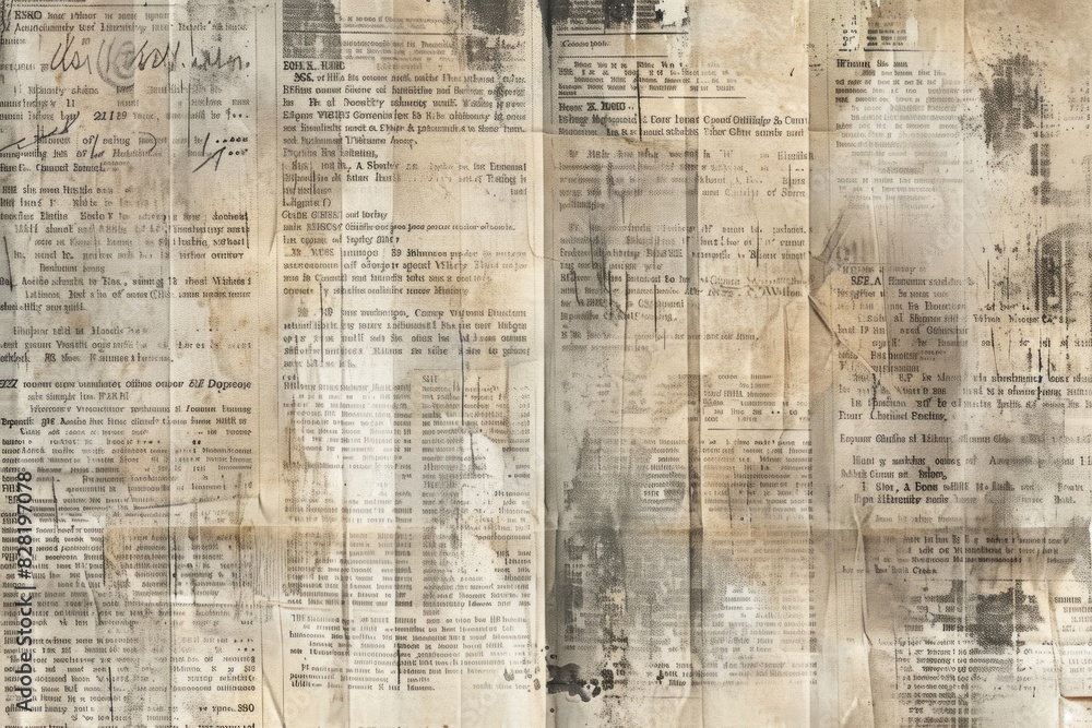 Poster close-up of a newspaper spread displaying numerous blocks of printed text. busy, news-oriented conce