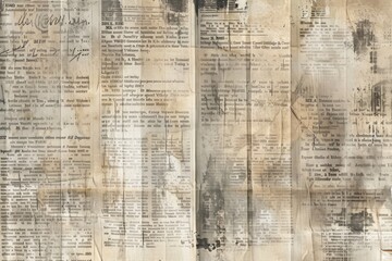 Close-up of a newspaper spread displaying numerous blocks of printed text. Busy, news-oriented concept.