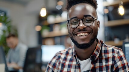 Happy Young Black Professional Businessman Smiling and Working on Laptop in Office
