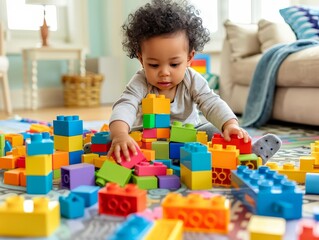 A toddler playing with colorful building blocks selective focus, childhood, whimsical, Multilayer, playroom backdrop