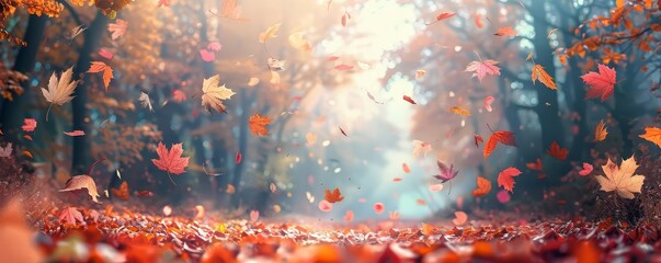 A colorful autumn landscape with falling leaves close up, season, ethereal, Overlay, forest backdrop