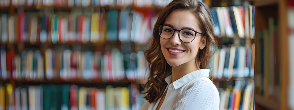 Happy Young Library Assistant A Portrait of Enthusiasm and Success in the World of Literature