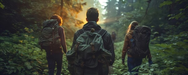 A group of friends hiking through a forest trail focus on, adventure, realistic, Double exposure, woodland backdrop