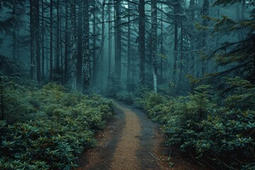 Obraz premium A nature trail through a dense forest focus on, adventure, realistic, Silhouette, forest backdrop