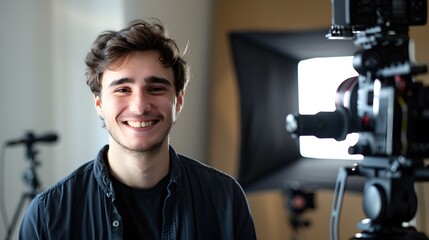 Happy Young Professional Media Coordinator Smiling in Photo Studio