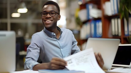 Hardworking Auditing Clerk Focused on Financial Data Analysis at Office Desk