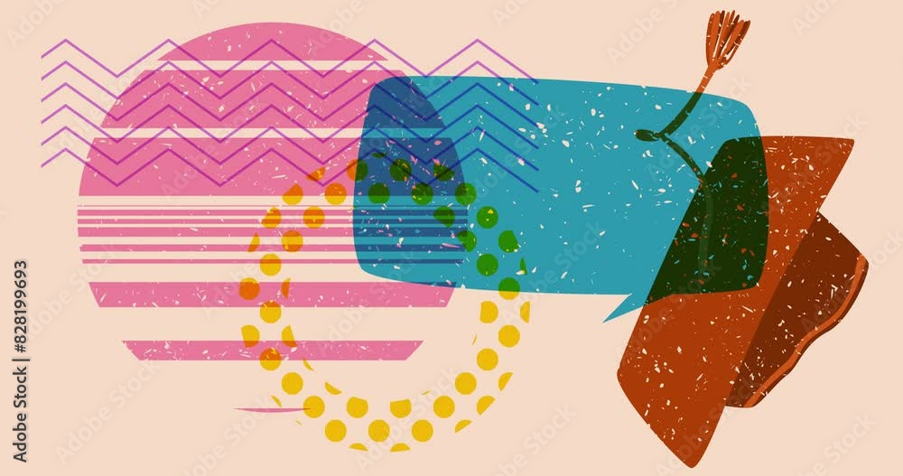 Poster risograph graduation cap and speech bubble with geometric shapes animation. moving object in trendy 