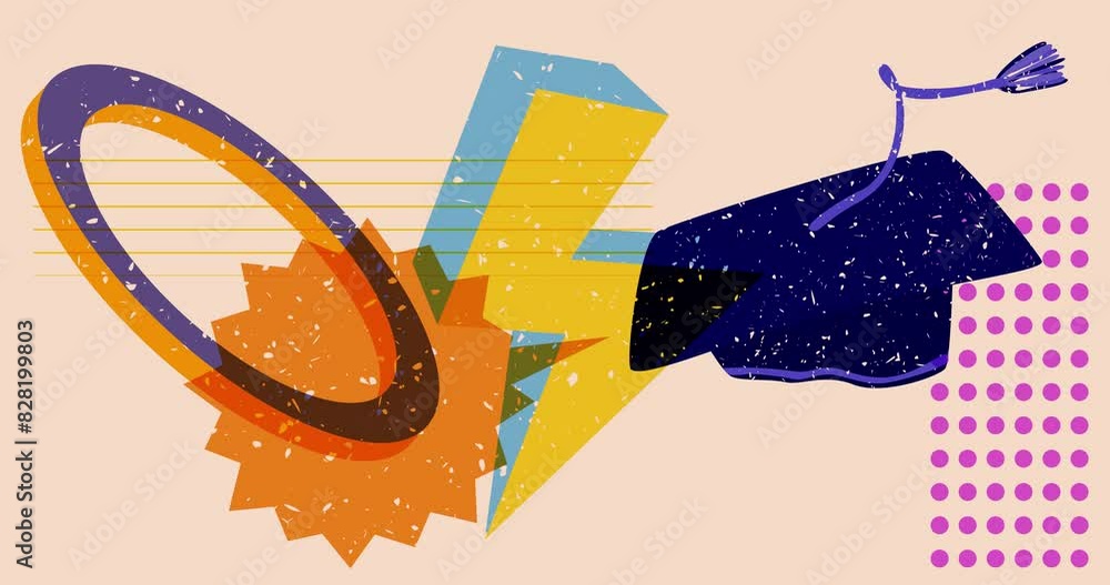 Poster risograph graduation cap and speech bubble with geometric shapes animation. moving object in trendy 