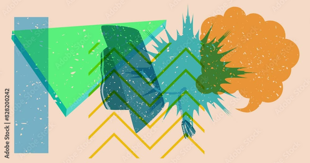 Poster risograph graduation cap and speech bubble with geometric shapes animation. moving object in trendy 