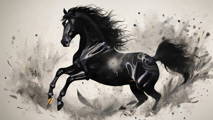 AI image generate black stallion arabic calligraphy painting