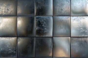 The image is a close up of a tile wall with a metallic texture