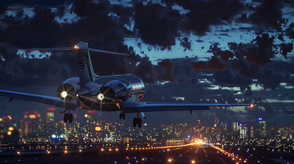 A private plane with glowing turbine jet engines takes off or lands on a runway, dramatic- corporate aviation, executive or celebrity - Gulfstream, cessna, Learjet, Tail, section, turbines, glowing