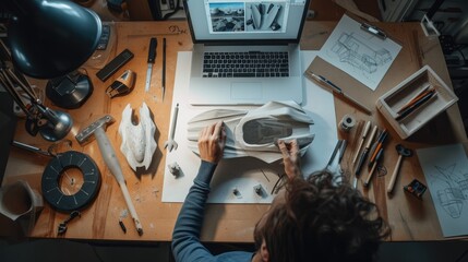 An industrial designer meticulously works on a prototype design in a workshop surrounded by various drafting tools and sketches. AIG41
