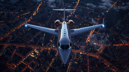 A view from above a private jet aircraft in flight over a big city urban area. Aerial photo, Gulfstream, cessna, Learjet, Night time, Birds Eye view. 