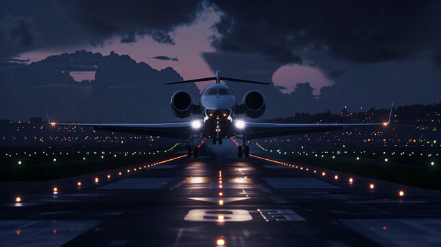 A private plane taxis on a runway, centered, drama, night, sky, city lights, corporate aviation, front view, executive or celebrity - Gulfstream, cessna, Learjet, centered