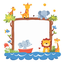 Fototapeta premium scene of a lion, elephant, giraffe, and two giraffes sitting on a tree branch next to a river