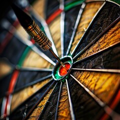 Close-up shot of a dart hitting the bullseye on a dartboard, symbolizing precision, focus, and achievement in the game of darts.