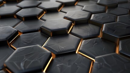 Luxury hexagonal abstract black metal background with golden light lines. Dark 3d geometric texture illustration. 