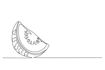 Continuous one line drawing of sliced healthy organic watermelon for orchard logo identity. Slice of green fresh fruitage concept fruit garden icon. Single line draw design vector graphic illustration