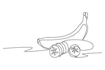 Single continuous line drawing whole and slice healthy organic banana for orchard logo identity. Fresh tropical fruitage concept for fruit garden icon. One line draw graphic design vector illustration