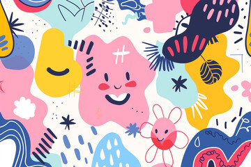 Vibrant abstract pop background featuring whimsical motifs and cartoonish charm.