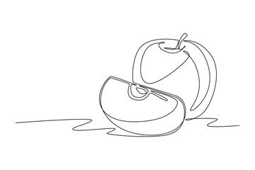 Single one line drawing whole and slice healthy organic apple for orchard logo identity. Fresh delicious fruitage concept for fruit garden icon. Continuous line draw design graphic vector illustration