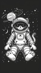 Cute cat astronaut in space with stars and planets. Perfect for children's illustrations and whimsical designs.