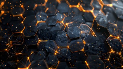 Fototapeta premium Luxury hexagonal abstract black metal background with golden light lines. Dark 3d geometric texture illustration. 