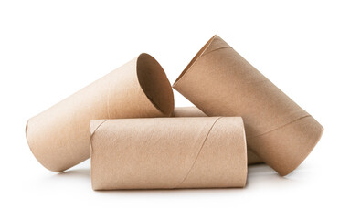 Front view of brown tissue paper cores in stack isolated on white background with clipping path