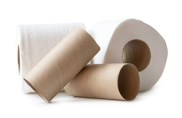 Front view of tissue paper rolls with brown tissue paper cores in stack isolated on white...