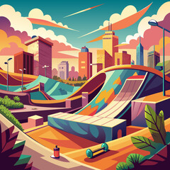 landscape with houses, Dynamic city skate parks with graffiti walls and ramp, illustration of a city