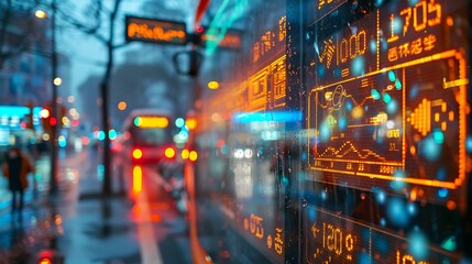 The image shows a busy city street with a bus driving in the rain